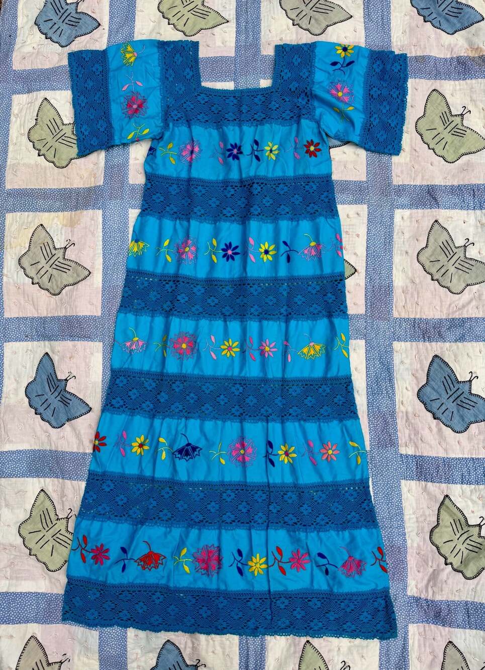 Vintage Style Mexican Artisanal Embroidered Maxi Dress with Crochet Detail